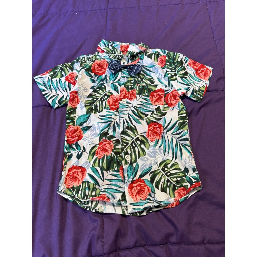 Kids Tropical Floral Button Down Shirt with Bow Tie Red Rose Monstera Size 90